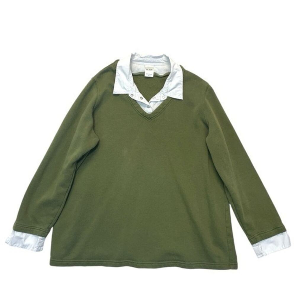 Blair Faux Layered Sweatshirt Olive Green V Neck White Collar Women’s XL